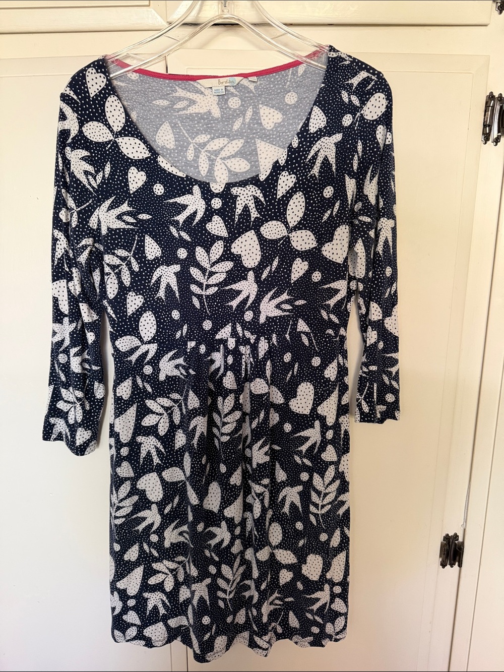 Boden Navy and White Floral Scoop-Neck Long-Sleeve Dress